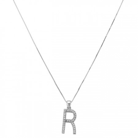 Dije letra "R" en oro blanco de 14k 0.13 ct